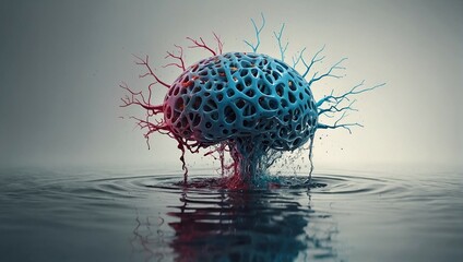 an artificial brain with red and blue nerve endings above the surface of the water - obrazy, fototapety, plakaty