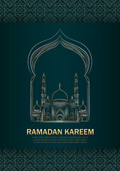 Eid Mubarak greeting card with hand drawn linear Mosque on dark green background with Arabic pattern frame. Vector banner with golden outline Masjid and Muslim arch. Ramadan Kareem vertical poster