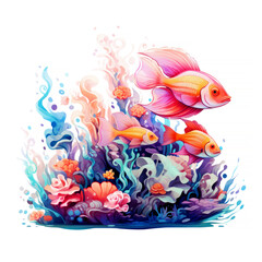 Goldfish Swimming in Colorful Coral