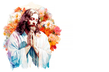 Devotional Praying Jesus Christ with Floral Halo