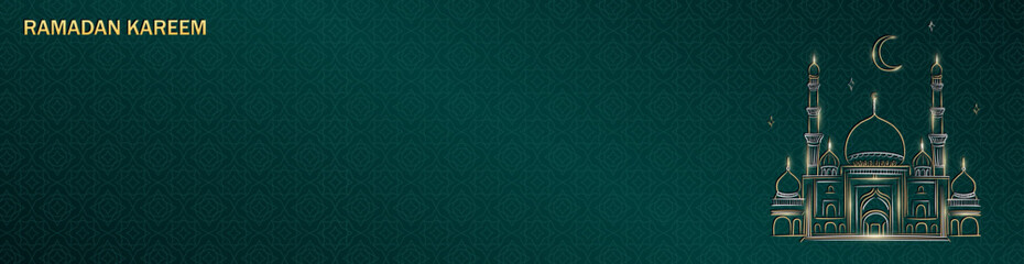 Eid Mubarak panoramic banner with hand drawn linear Mosque and crescent moon with stars on green background with copy space for text. Template of blank Ramadan Kareem header with golden outline Masjid