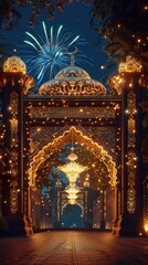 ramadan kareem eid mubarak royal elegant lamp with mosque holy gate with fireworks.