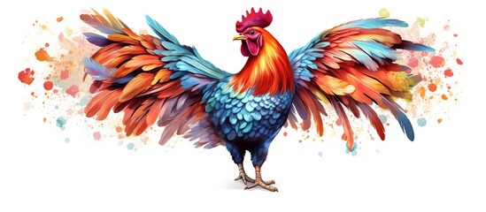 Vector illustration of an Asian rooster with bright colors and sharp eyes on a white background with grass