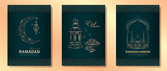 Set of dark green Ramadan Kareem vertical greeting cards with hand drawn linear golden Mosque, crescent moon, Arabic lantern, dates, Muslim rosary praying beads and arabesque pattern frame