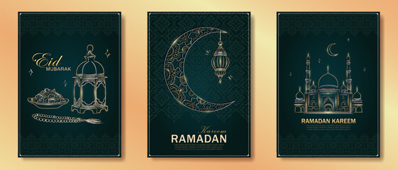 Set of dark green Ramadan Kareem vertical greeting cards with hand drawn linear golden Mosque, crescent moon, Arabic lantern, dates, Muslim rosary praying beads. Template of Eid Mubarak outline banner