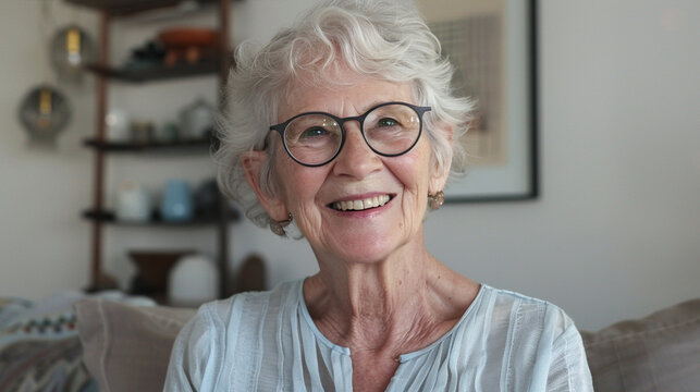 Portrait of a smiling senior woman with eyeglasses at home