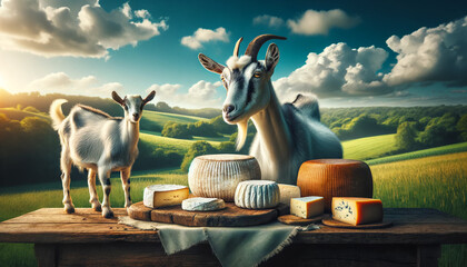 A goat beside homemade goat cheese on a wooden table in a lush meadow under clear skies – a scene of sustainable farming and artisanal cheese-making.  - obrazy, fototapety, plakaty