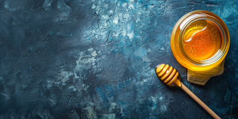 Honey in a jar on a blue background. Copy space. - obrazy, fototapety, plakaty