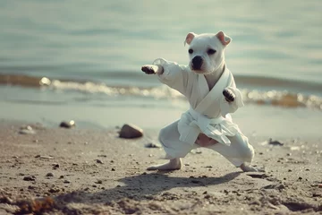Fotobehang funny puppy doing karate on beach martial arts pose  © Steven
