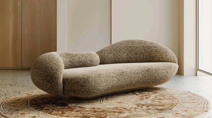 a modern apartment designed in a minimalist style, featuring a rounded-shaped fabric boucle sofa placed on a Turkish carpet on the floor, centrally located within the living space.