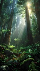majestic forest with tall trees fern undergrowth sun shinning 