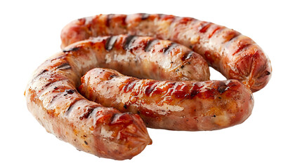 Grilled sausages isolated on transparent background. Top view.