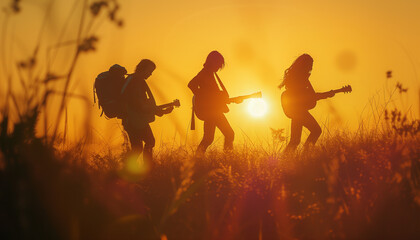 Three acoustic guitar players trio rock band hippie musicians walking with backpacks as wanderers during sunset golden hours time by high grass mountain hill. Mental freedom, live music concept. - obrazy, fototapety, plakaty