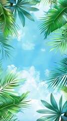 Fototapeta na wymiar Palm sunday concept: Leaves frame of coconut branches with cloudy blue sky background
