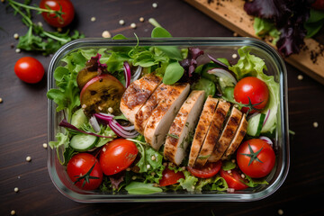 Healthy meal prep with grilled chicken breast on fresh green salad with tomatoes and cucumbers