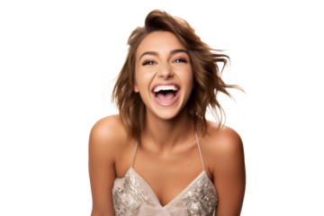 Studio portrait of a beautiful young Caucasian Americana Woman wear mini dress prom party with an attractive smile, isolated on transparent png background.
