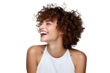 Studio portrait of a beautiful young Caucasian Americana Woman wear mini dress prom party with an attractive smile, isolated on transparent png background.