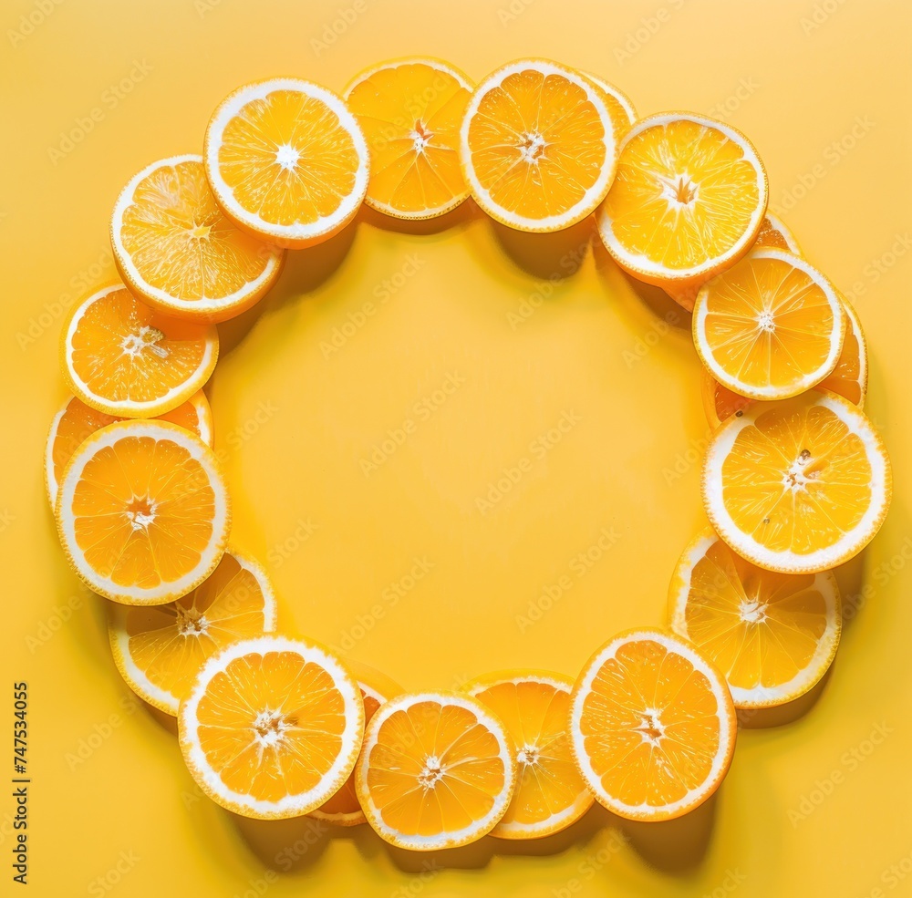 Poster orange slices are arranged in the shape of a circle on a yellow background