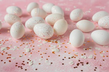 Naklejka na ściany i meble easter decor consisting of white eggs and confetti on a pink background easter decor
