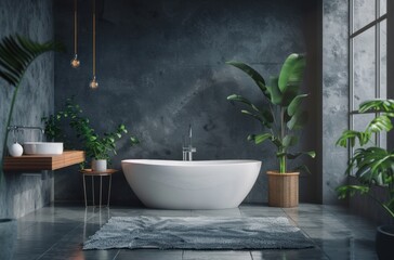Fototapeta na wymiar a modern bathroom with wooden accents and grey walls