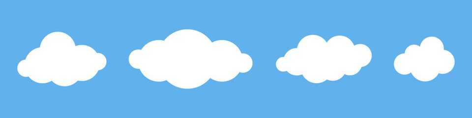 Vector set of simple softness white clouds on blue background. Childish cloud collection in flat design. Speech bubble design.