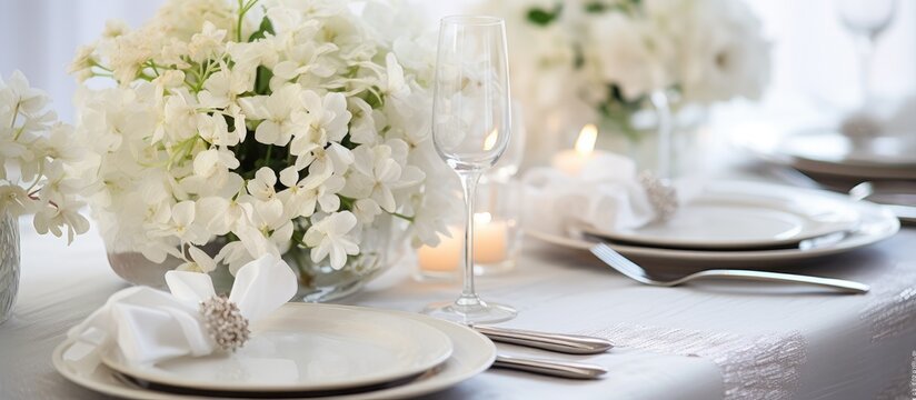 A table is elegantly set with white flowers and shiny silverware, creating a beautiful and festive dining atmosphere. The delicate floral arrangements complement the silver cutlery,