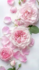 Obraz na płótnie Canvas Close up of blooming pink roses flowers and petals isolated on white table background. Floral frame composition. Decorative web banner. Empty space, flat lay, top view.