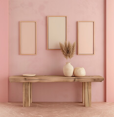 Fototapeta na wymiar a wooden table with dishes standing against a light pink-colored wall