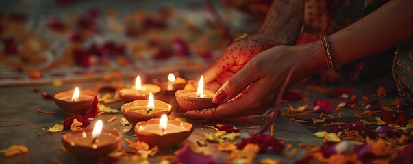 Female hands lighting small tea light candles during diwali, diwali stock images, realistic stock photos