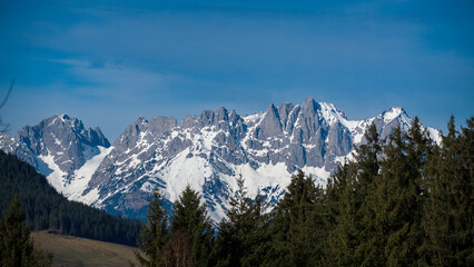 hiking holiday in austria with a beautiful view of the wilder kaiser in tirol at a sunny spring day