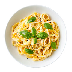 Pasta in a white bowl top view, isolated on transparent background