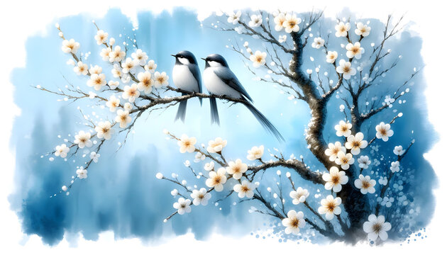 Two birds on a tree with white flowers. Vertical oil painting, blue background