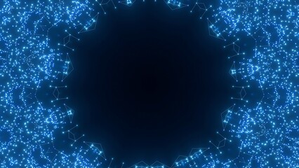 futuristische blau leuchtende synchrone Netzwerkverknüpfungen mit Knotenpunkten, Fraktal, Muster, Kreis, Verbindungen, KI, Internet, Server, Plexuseffekt, System, FTTH, Daten, leuchten
 - obrazy, fototapety, plakaty