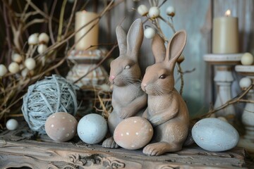 Obraz premium Two rustic-style Easter bunnies beside speckled eggs, with candles creating a warm, festive ambiance