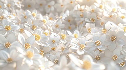 a dense field of delicate white flowers with golden centers, creating a soft and even horizontal surface ideal for showcasing an object in a natural setting.