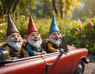 Cheerful gnomes are riding in a convertible.
