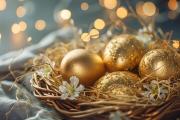 Fototapeta na wymiar Golden eggs adorned with glitter in a nest, highlighted by warm bokeh lights, convey opulence and celebration