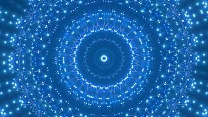 futuristische blau leuchtende synchrone Netzwerkverknüpfungen mit Knotenpunkten, Fraktal, Muster, Kreis, Verbindungen, KI, Internet, Server, Plexuseffekt, System, FTTH, Daten, leuchten
