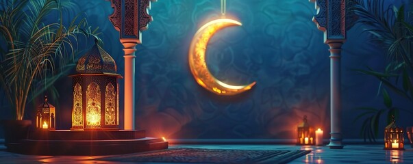 Ramadan lantern with crescent moon and podium as luxury islamic background. Decoration for ramadan kareem, mawlid, iftar, isra miraj, eid al fitr adha and muharram - Powered by Adobe