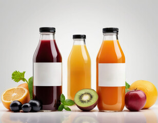 Bottles of natural fruit or vegetable juices, bottles of fruit juices and cut natural fruits.
