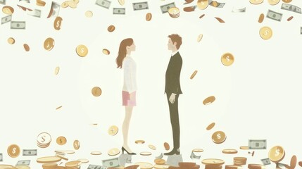 Obraz premium Minimalistic illustration of equal pay between women and man. money is all around. White background