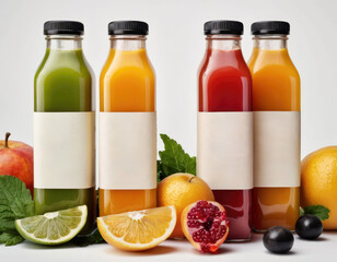 Bottles of natural fruit or vegetable juices, bottles of fruit juices and cut natural fruits.