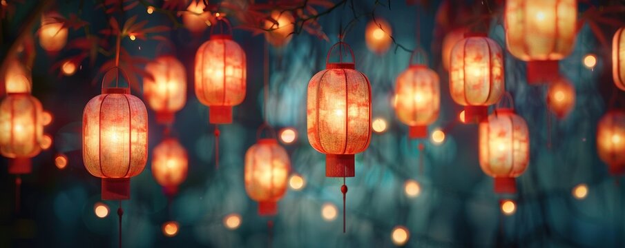 Paper red-white asian japanese chinese lanterns chochin akachochin shines on dark sky. A garland of paper lanterns glows at night.