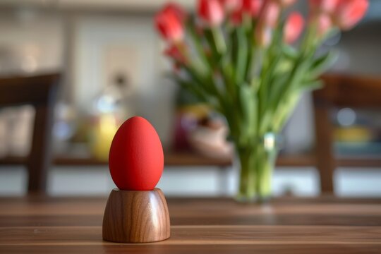 A vibrant red egg sits on a wooden egg holder in a well-lit kitchen with blurry tulips in the background