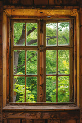 Green leaves of trees create a vibrant backdrop in front of a closed window adorned with a wooden frame
