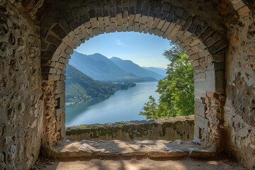 A window with a thick, rounded stone and brick frame provides a picturesque view of a beautiful mountain scene overlooking a serene lake