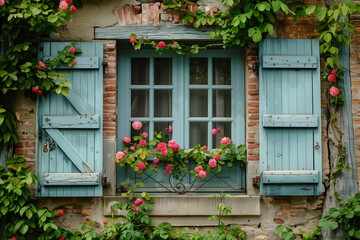Fototapeta na wymiar A blue-framed window adorned with pink flowers,