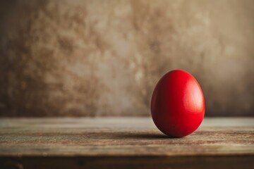 A bold red egg stands out, symbolizing life and renewal, against a minimalist, rustic wooden background