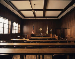 Empty courtroom, wooden benches, judge's chairs