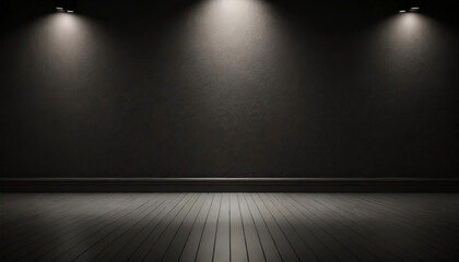 Delve into the mystery of an empty room with black walls and a spotlight. Great for highlighting text mockups or product presentations against a dark backdrop. - obrazy, fototapety, plakaty